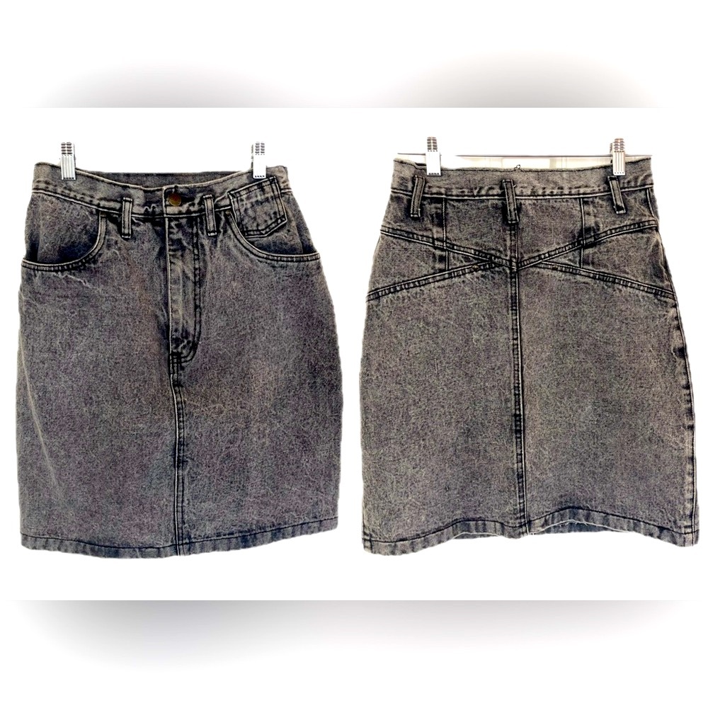 Vintage 80s Gray Jean Skirt Faded Acid Wash Denim Miniskirt High Waist Rivets M